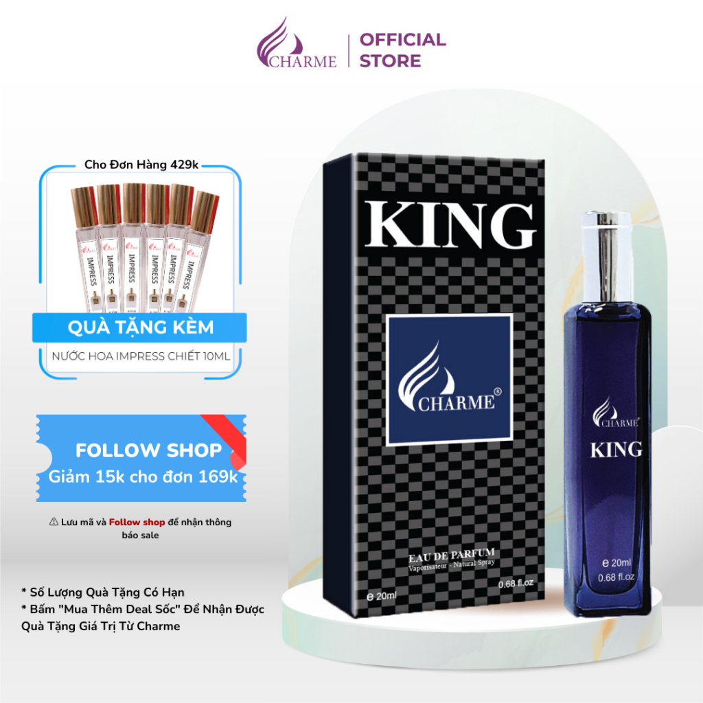 Nước hoa nam lưu hương lâu, Charme King, dòng nước hoa chính hãng, hương gỗ hương đầy lôi cuốn, 20ml