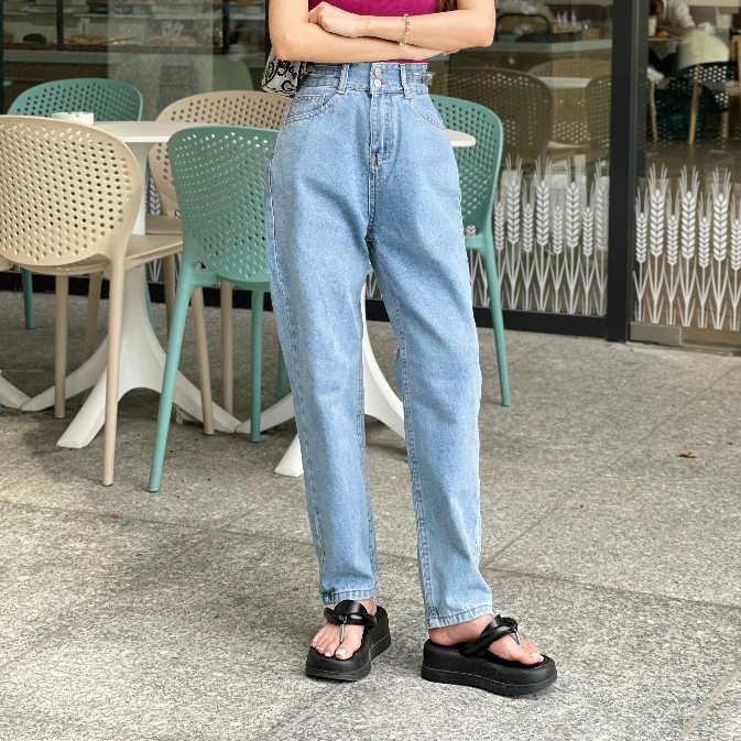 Quần Jean Nữ Dáng Baggy 2 nút, quần jean dáng dài baggy trơn