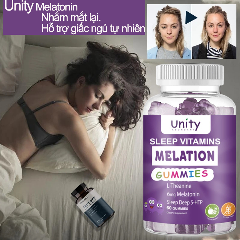 Ngủ Vitamin  1 chai/60viên，cải thiện giấc ngủ nhai kẹo cao su sử dụng melatonin để giảm căng thẳng mệt mỏi