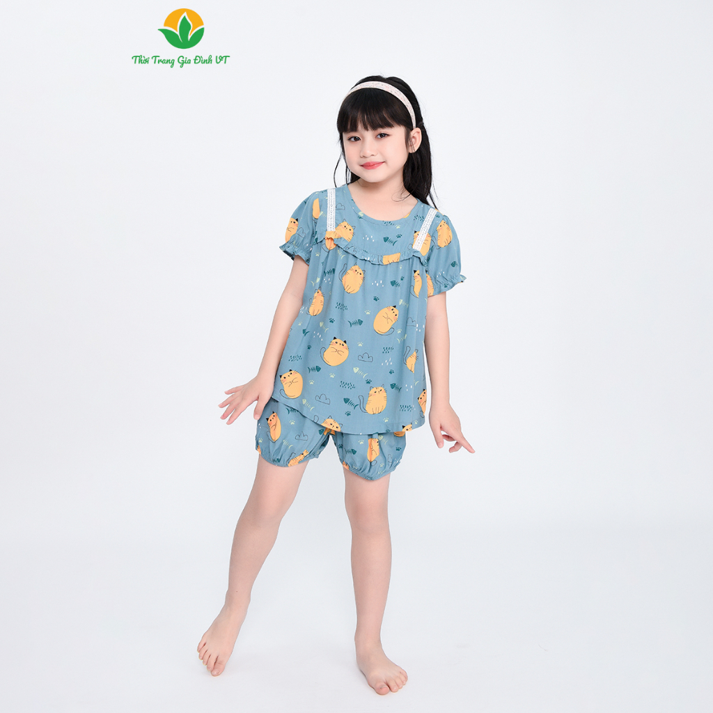 Bộ mặc nhà bé gái mùa hè thời trang gia đình Việt Thắng, quần đùi, áo cộc tay, chất lanh - B63.2308