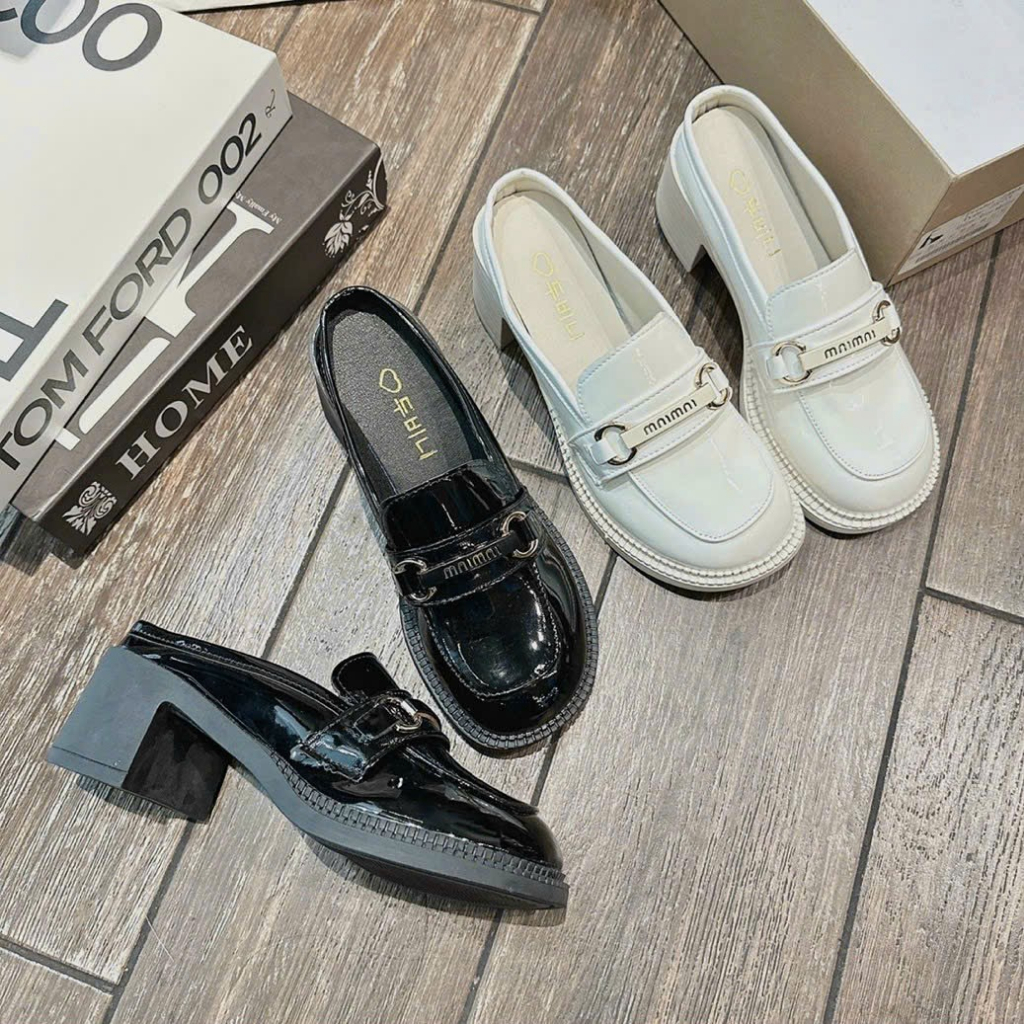 GIÀY CAO GÓT NỮ SỤC ĐẾ THÔ DA BÓNG ĐÍNH LOGO SIÊU SANG CHẢNH