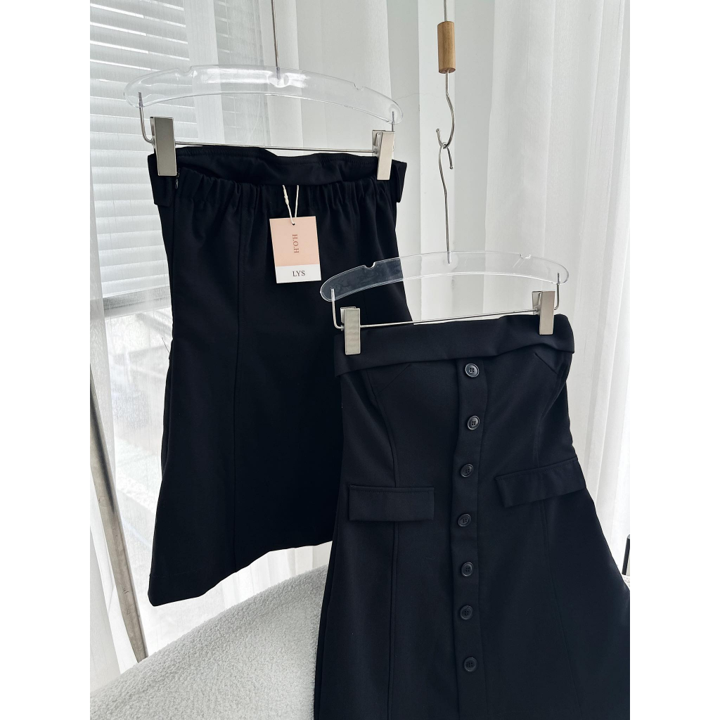 ĐẦM ỐNG ĐEN PHỐI NÚT TÚI NẮP THUN SAU