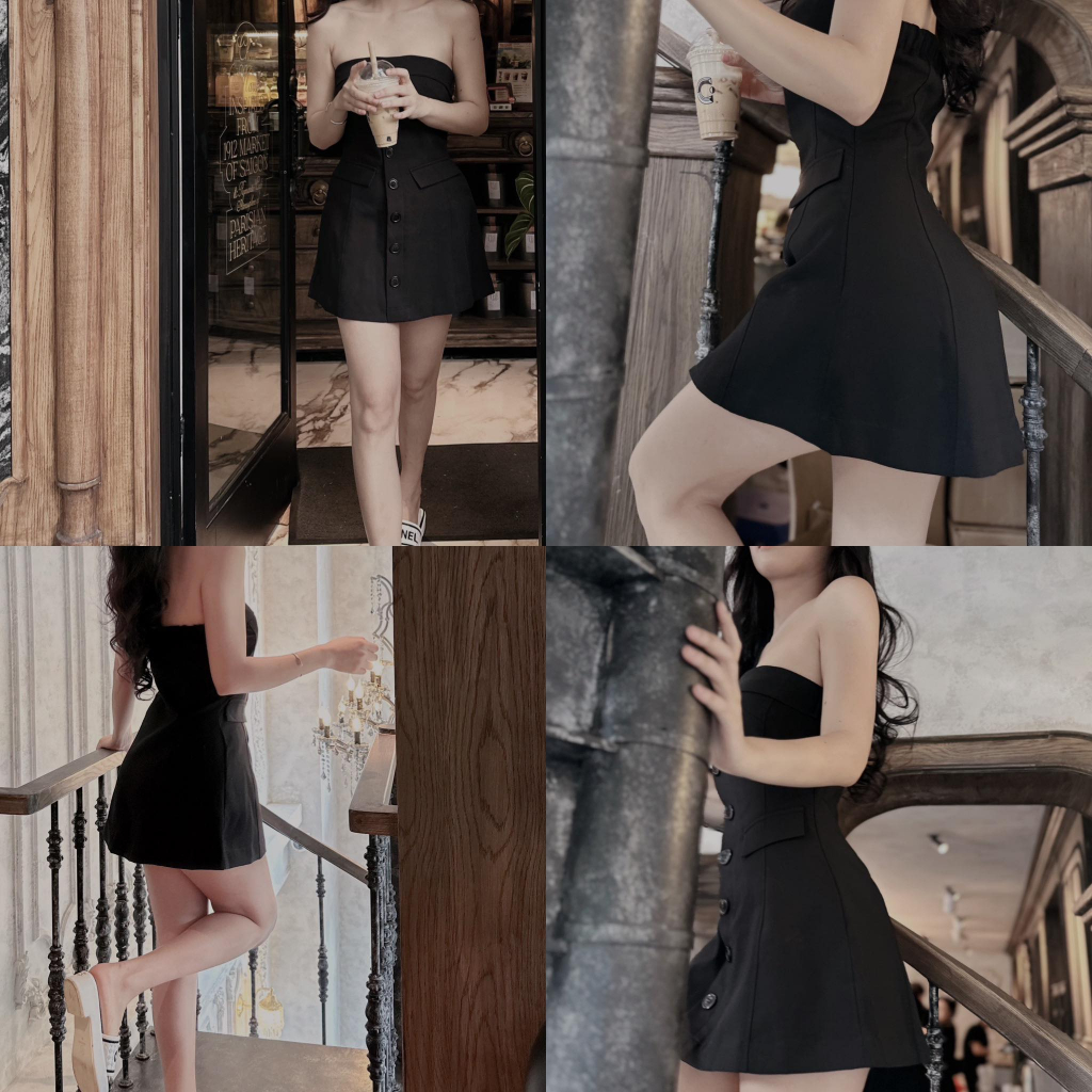 ĐẦM ỐNG ĐEN PHỐI NÚT TÚI NẮP THUN SAU