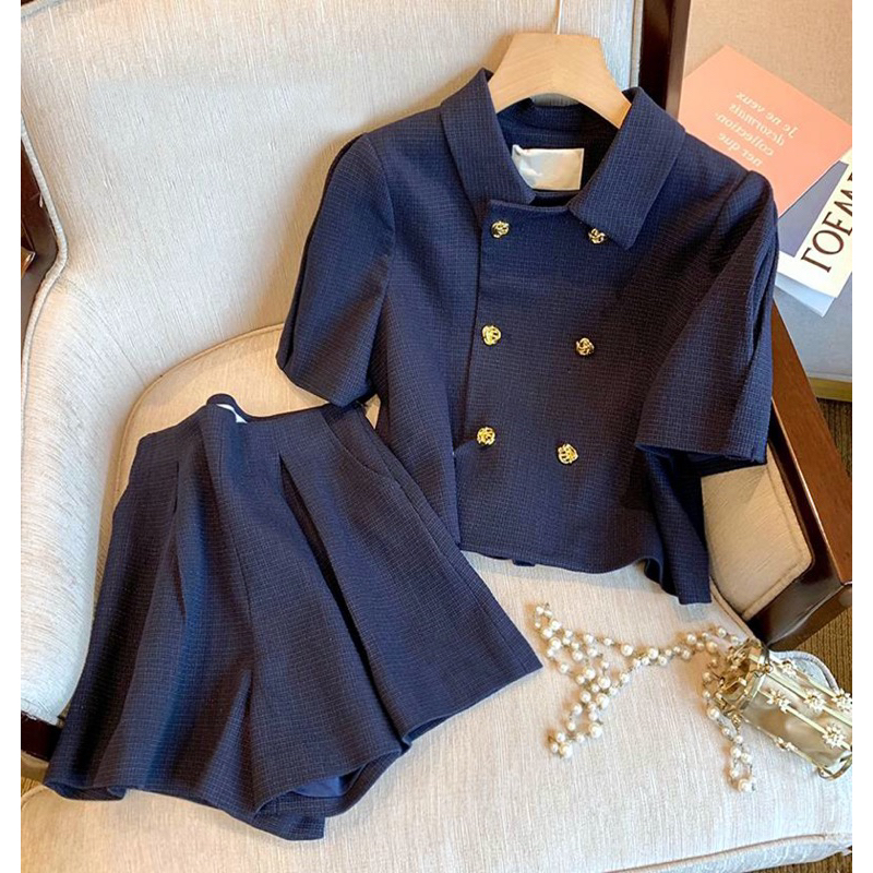 Set áo vest croptop+quần đùi sọc kẻ xanh đen cúc vàng siêu sang ulzzang tiểu thư lịch sự