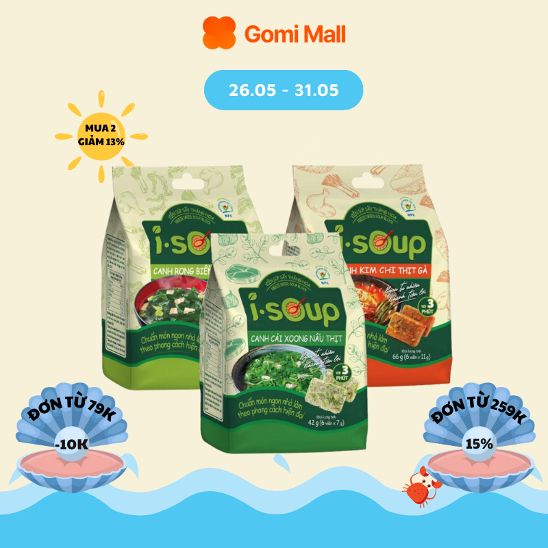 Combo Dinh dưỡng 3 túi canh thịt dinh dưỡng I-SOUP 06 viên x 3 túi (Canh rong biển, Canh kim chi, Canh cải xoong)