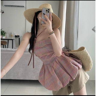 Áo ống caro hồng pastel