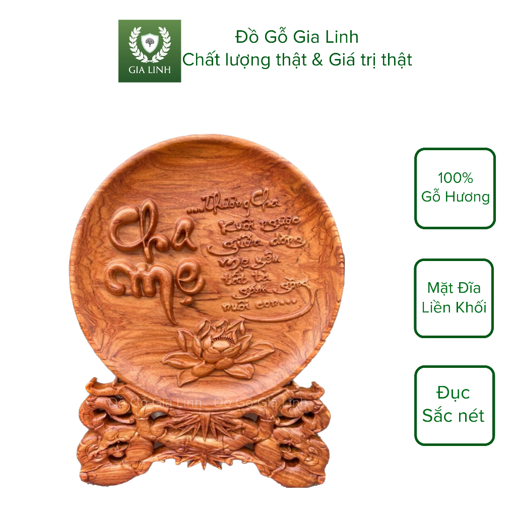 Đĩa gỗ để bàn khắc chữ Cha Mẹ làm bằng gỗ hương đá liền khối kèm chân đế