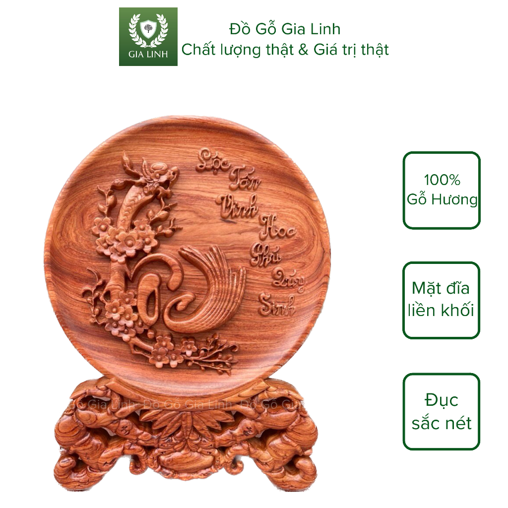 Đĩa gỗ để bàn khắc chữ Lộc bằng gỗ hương đá liền khối dùng làm trang trí