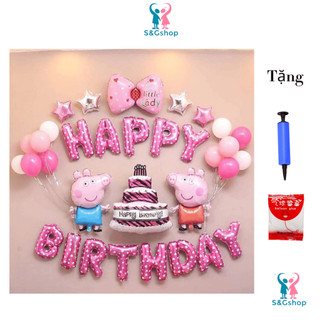 Set bong bóng trang trí sinh nhật Heo Peppa tặng kèm bơm và keo dán làm phụ kiện tiệc happy birthday
