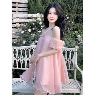 Váy tiểu thư trễ vai 2 lớp kiểu hàn, Đầm voan tơ cổ yếm màu hồng  form đẹp dễ thương