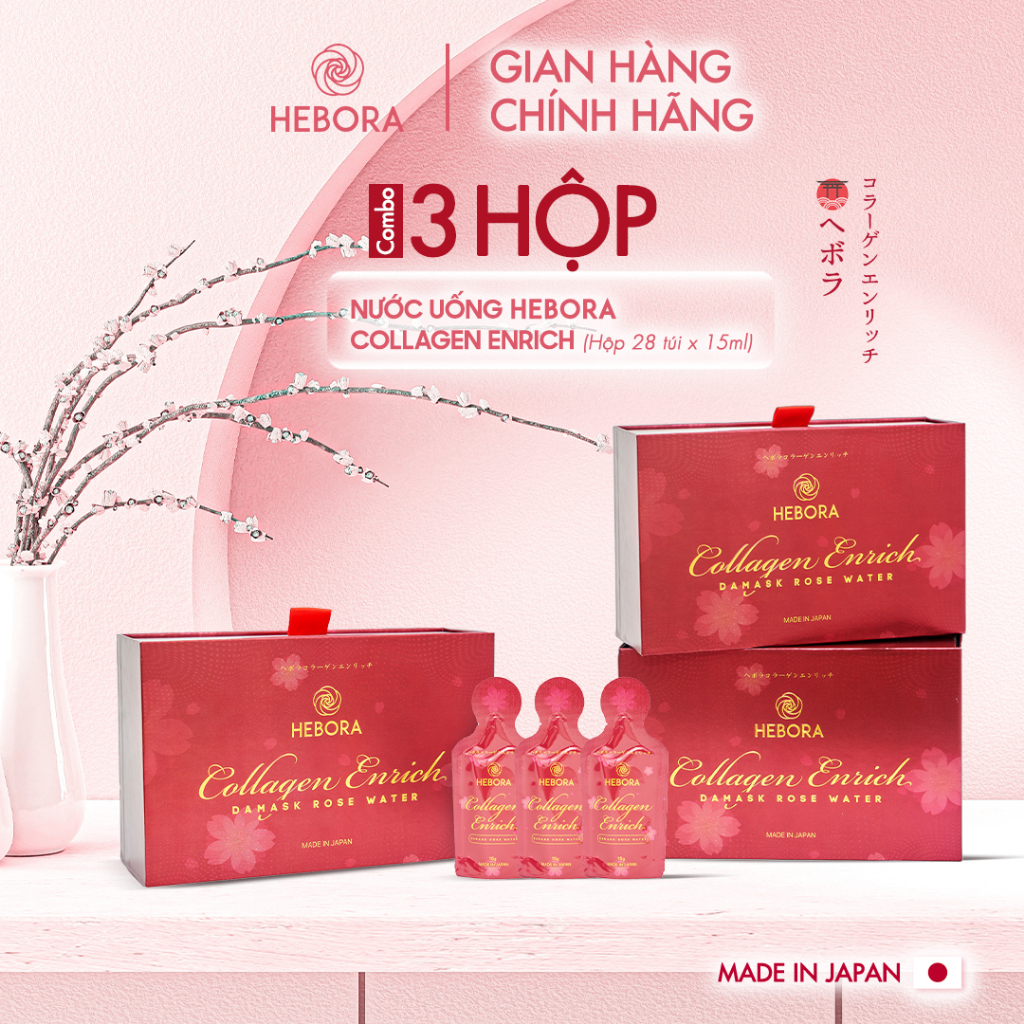 Combo 3 hộp nước uống Hebora Collagen Enrich Damask Rose Water chính hãng (DẠNG TÚI)