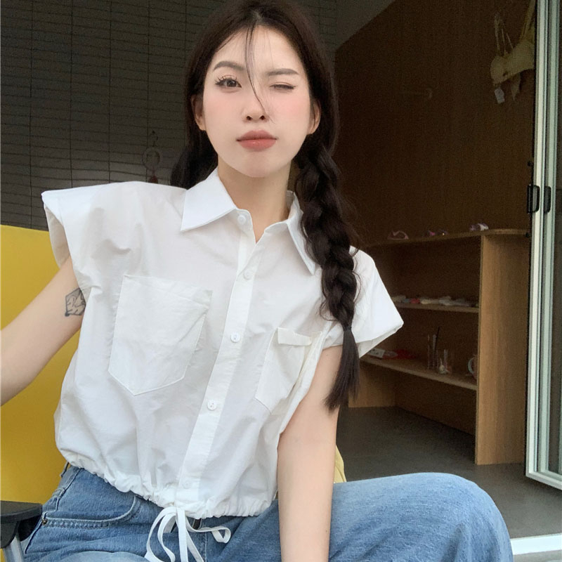 Áo Sơ Mi Nữ Croptop Phối Túi Gập Vạt Rút Dây Tay Hến Có Mút Đệm Thời Trang Sugal TOP NU 082