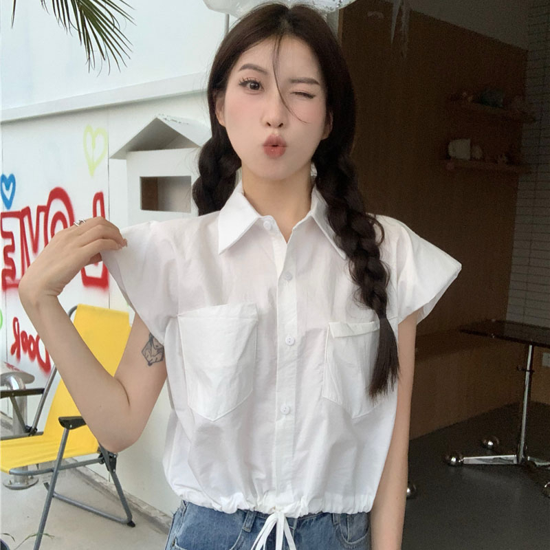 Áo Sơ Mi Nữ Croptop Phối Túi Gập Vạt Rút Dây Tay Hến Có Mút Đệm Thời Trang Sugal TOP NU 082