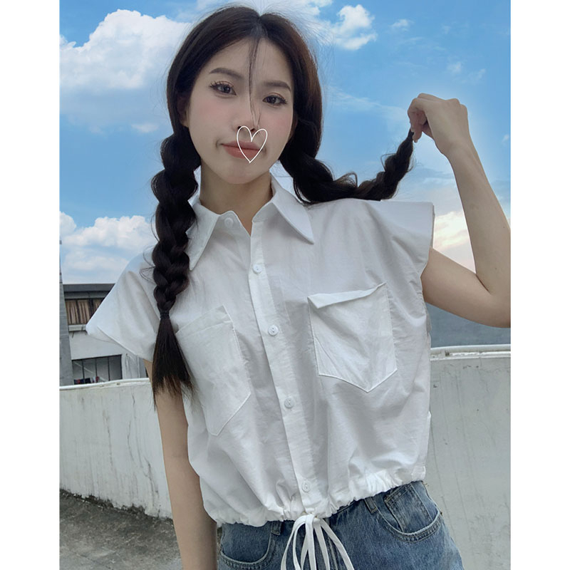 Áo Sơ Mi Nữ Croptop Phối Túi Gập Vạt Rút Dây Tay Hến Có Mút Đệm Thời Trang Sugal TOP NU 082