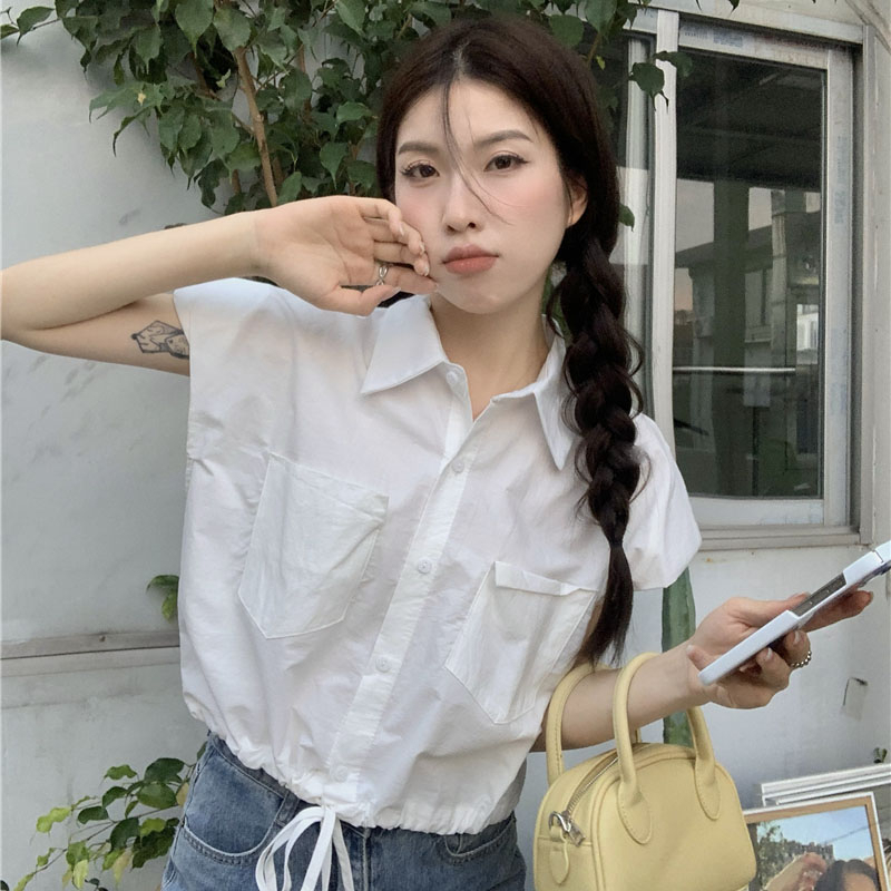 Áo Sơ Mi Nữ Croptop Phối Túi Gập Vạt Rút Dây Tay Hến Có Mút Đệm Thời Trang Sugal TOP NU 082