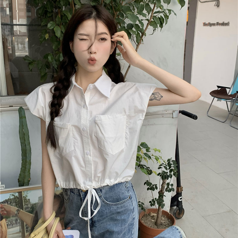 Áo Sơ Mi Nữ Croptop Phối Túi Gập Vạt Rút Dây Tay Hến Có Mút Đệm Thời Trang Sugal TOP NU 082