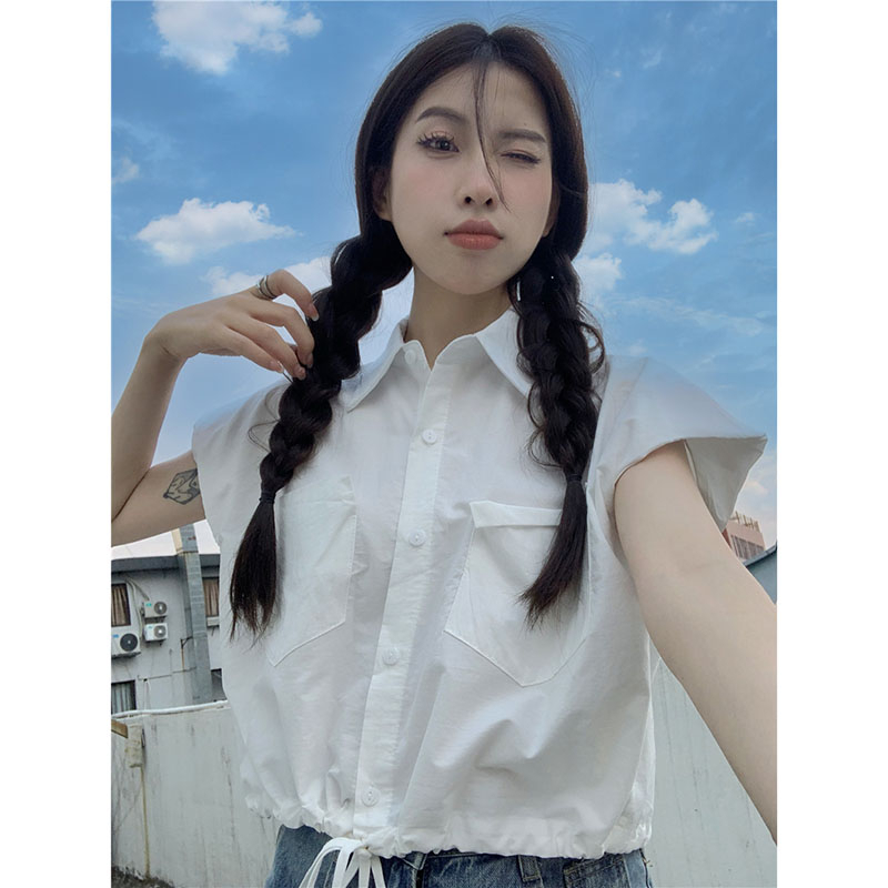 Áo Sơ Mi Nữ Croptop Phối Túi Gập Vạt Rút Dây Tay Hến Có Mút Đệm Thời Trang Sugal TOP NU 082