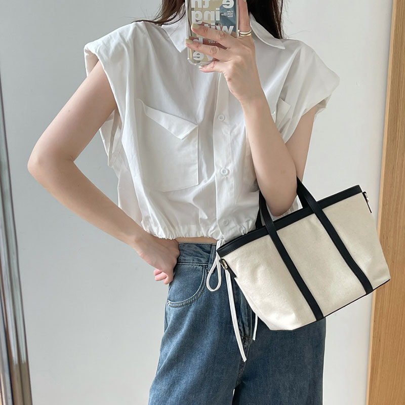 Áo Sơ Mi Nữ Croptop Phối Túi Gập Vạt Rút Dây Tay Hến Có Mút Đệm Thời Trang Sugal TOP NU 082V1