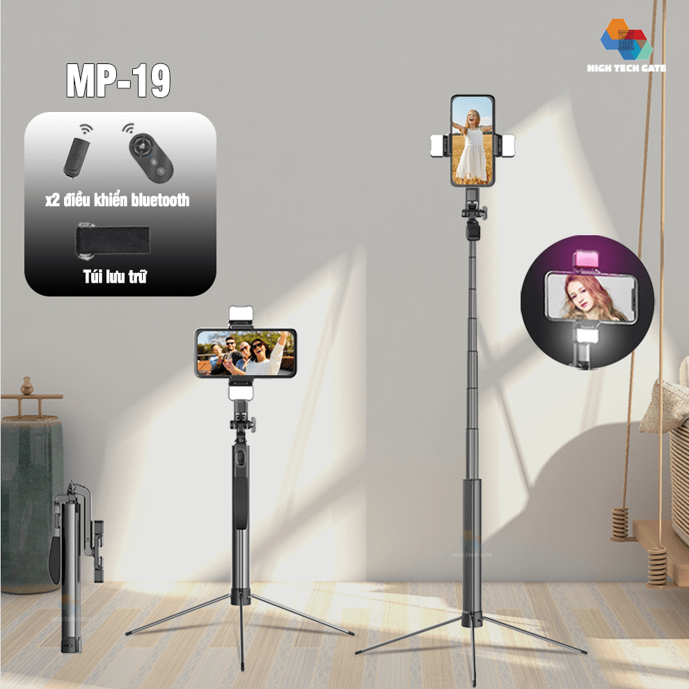 Gậy chụp ảnh selfie quay video MP-19 bản nâng cấp, kim loại bền bỉ, tay cân bằng quay video, x2 điều khiển bluetooth