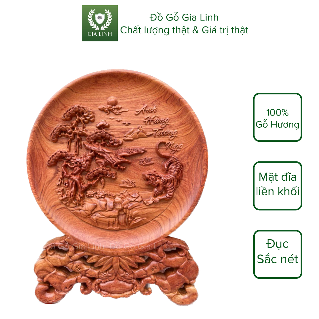 Đĩa gỗ Anh Hùng Tương Ngộ Đồ Gỗ Gia Linh gỗ Hương đá liền khối kèm chân đế