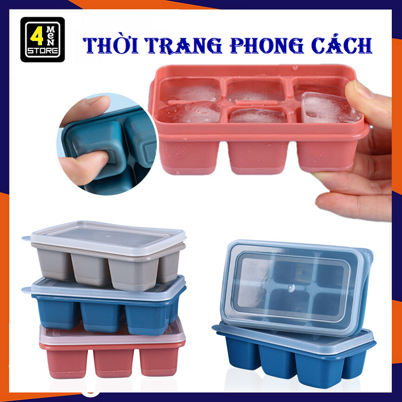 Khay Đá Silicon Có Nắp Đậy 6 Viên Hình Vuông , Khay Đựng Đá Tủ Lạnh, Làm Đá Thạch Kem Bảo Quản Chống Mùi Tuyệt Đối