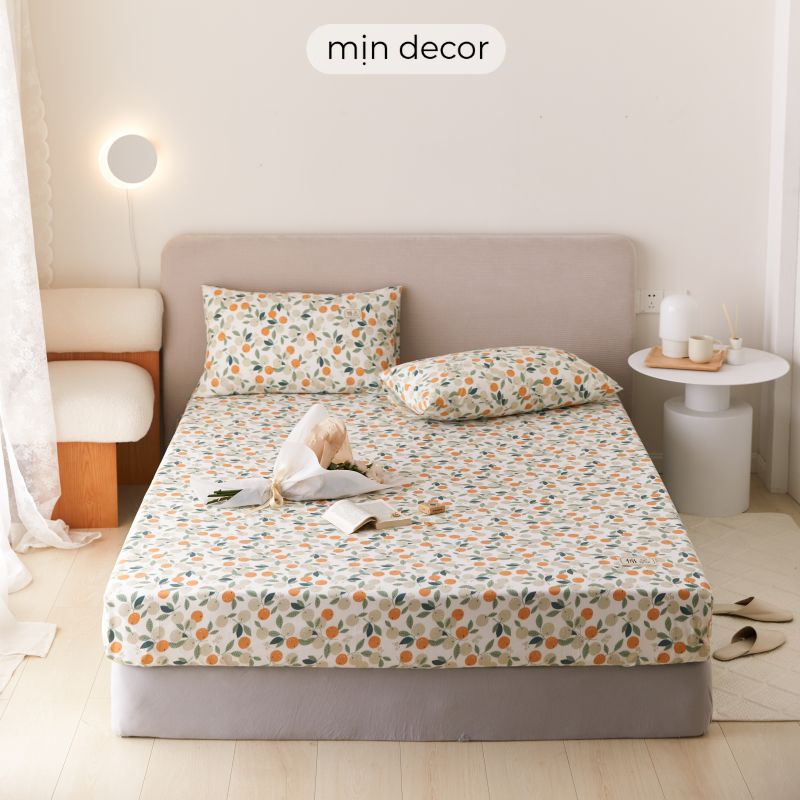 Bộ drap giường kèm 2 vỏ gối cotton 100% Mịn Decor mịn mát