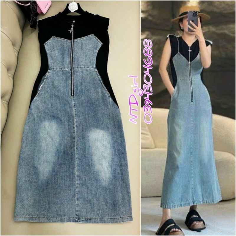 Hàng nhập - Đầm jean dáng xòe nhẹ kiểu dài phối thun, váy bò không tay giả yếm trẻ trung