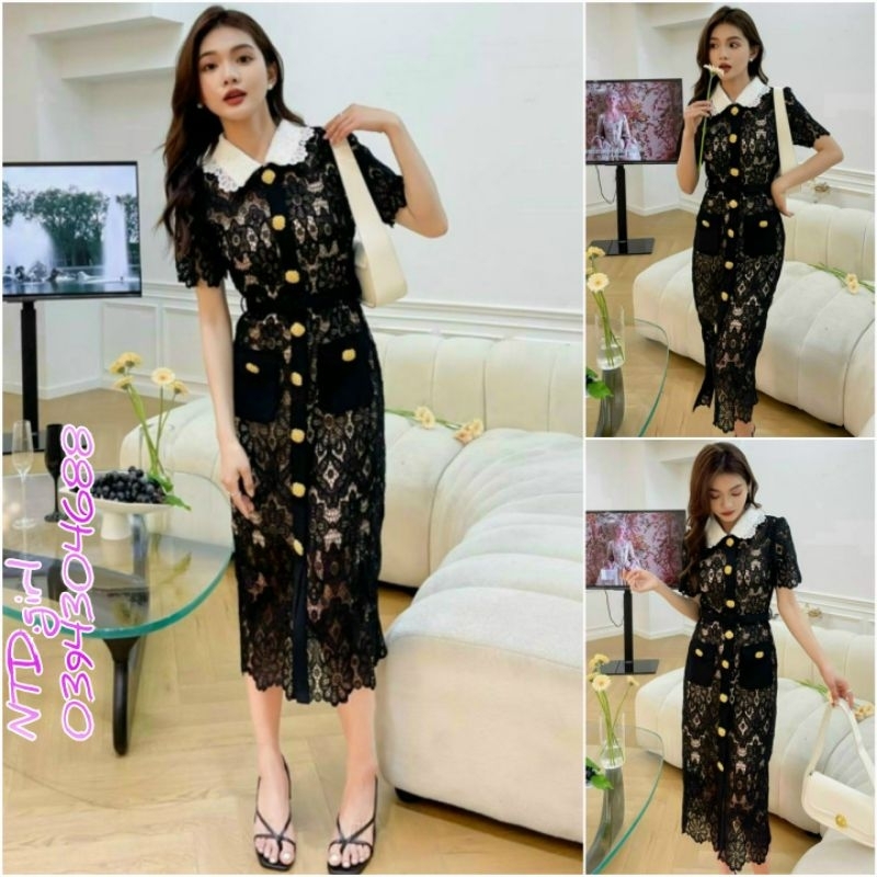 Hàng nhập - Đầm ren dáng ôm cổ bẻ trắng đính nút to, váy body dự tiệc tay ngắn sang trọng