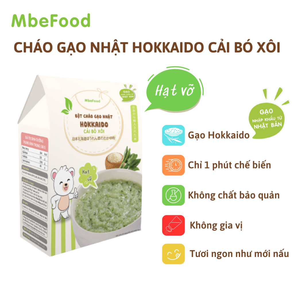 Cháo hạt vỡ cho bé ăn dặm MBeFood bột cháo gạo Nhật Hokkaido cải bó xôi