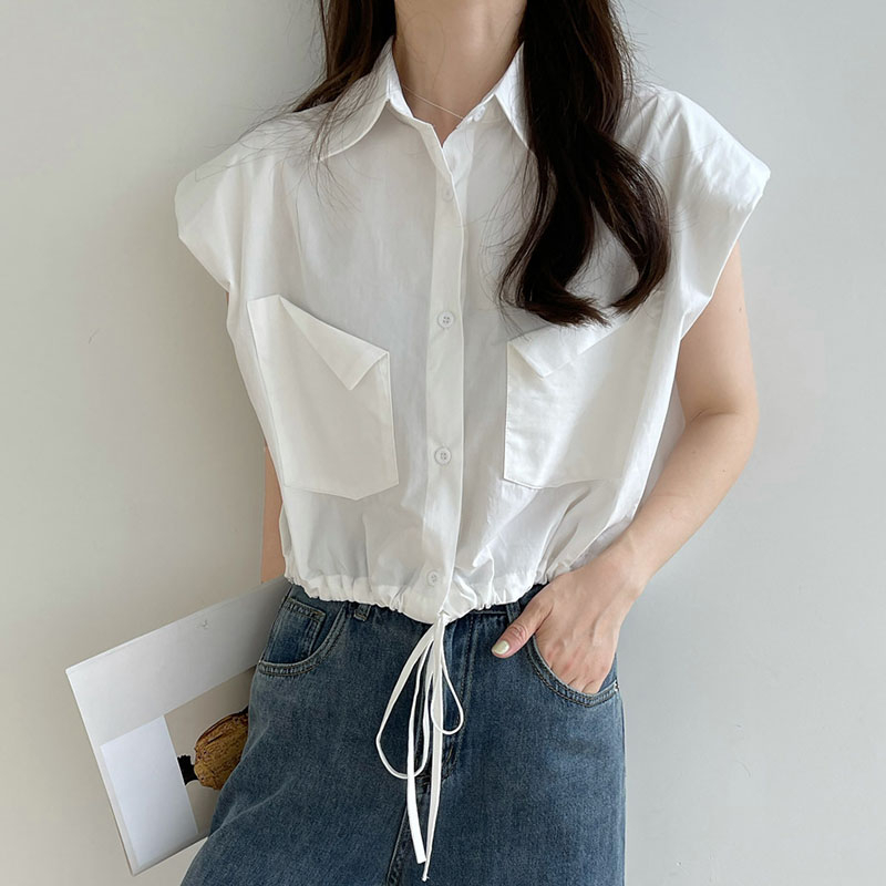 Áo Sơ Mi Nữ Croptop Phối Túi Gập Vạt Rút Dây Tay Hến Có Mút Đệm Thời Trang Sugal TOP NU 082V1