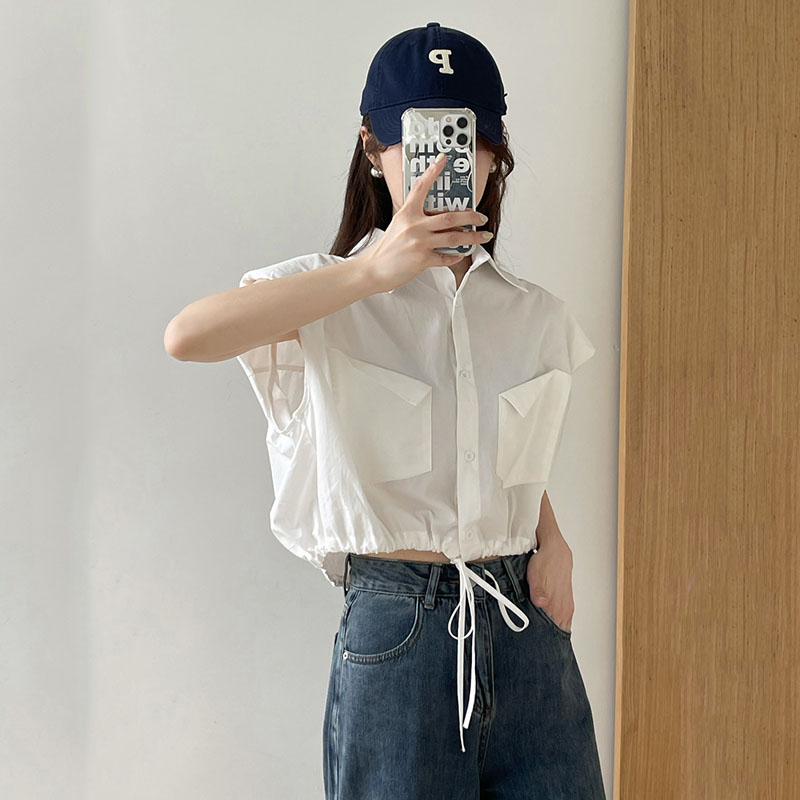 Áo Sơ Mi Nữ Croptop Phối Túi Gập Vạt Rút Dây Tay Hến Có Mút Đệm Thời Trang Sugal TOP NU 082V1