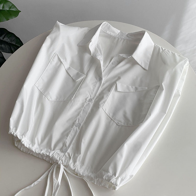 Áo Sơ Mi Nữ Croptop Phối Túi Gập Vạt Rút Dây Tay Hến Có Mút Đệm Thời Trang Sugal TOP NU 082V1