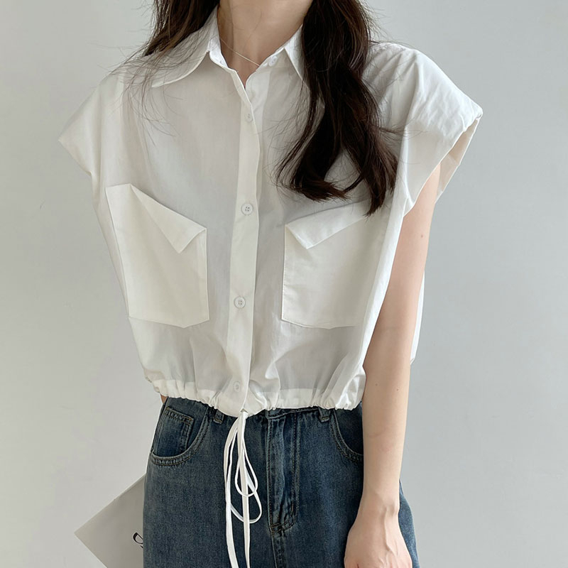 Áo Sơ Mi Nữ Croptop Phối Túi Gập Vạt Rút Dây Tay Hến Có Mút Đệm Thời Trang Sugal TOP NU 082V1
