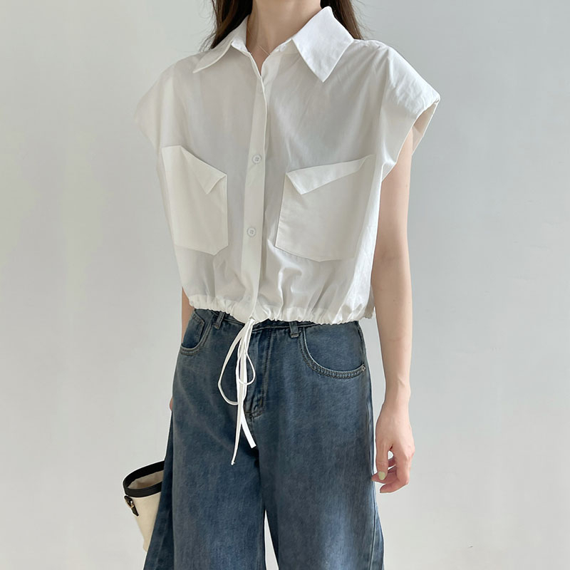 Áo Sơ Mi Nữ Croptop Phối Túi Gập Vạt Rút Dây Tay Hến Có Mút Đệm Thời Trang Sugal TOP NU 082V1