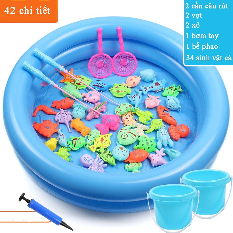 Bộ đồ chơi câu cá cho bé 42 chi tiết gắn nam châm gồm cần câu nhựa bể phao 2 tầng cho trẻ thỏa thích vuichơi-dochoigo.vn