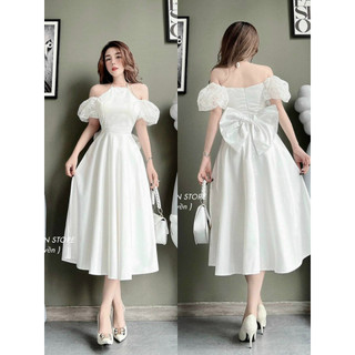 Đầm nữ thời trang mặc đi tiệc chất cotton phối ren cổ yếm hở vai tay búp phối nơ to lưng váy xoè maxi đi tiệc sang chảnh