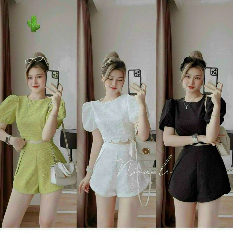 Set 2 món nữ áo croptop kèm quần short chất xốp đẹp tôn dáng thanh lịch