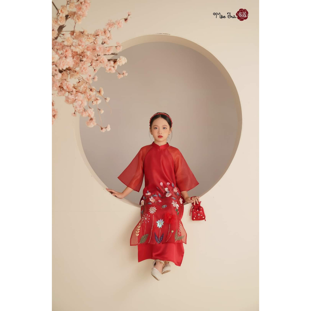 Áo dài mẹ và bé mộc trà đỏ, 4 tà 2 lớp, đính kết thủ công cao cấp - Mai Áo Dài