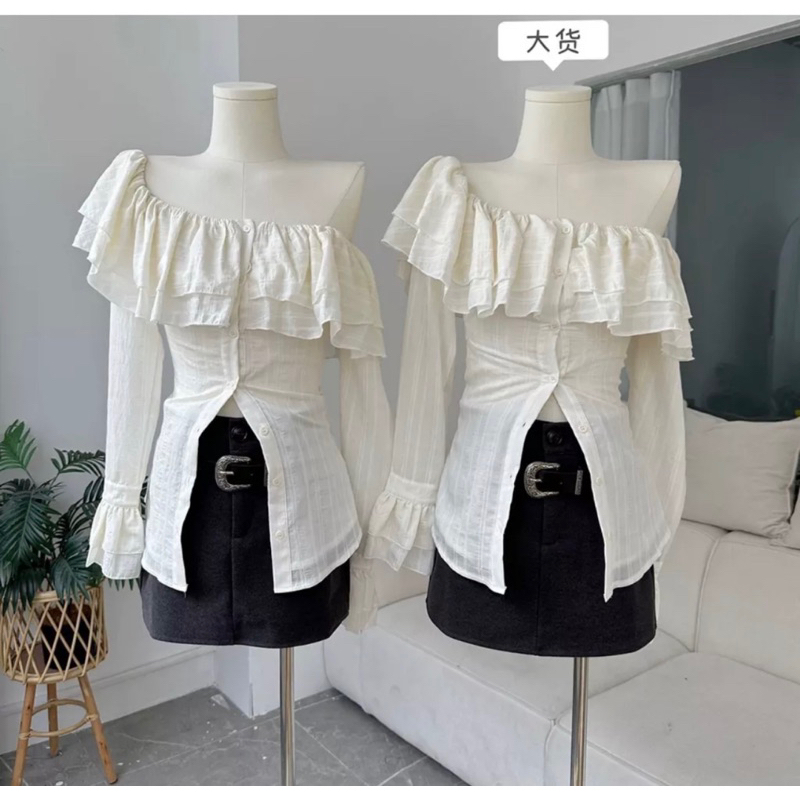 Áo sơ mi nữ cổ dài trễ vai tay bèo