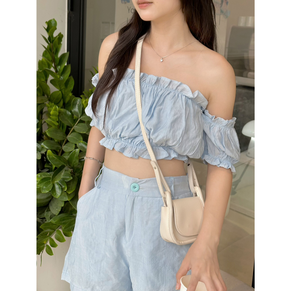 Set áo bẹt vai croptop nhún bèo tiểu thư kèm quần cạp cao cài khuy cúc - 29feb.closet - S100
