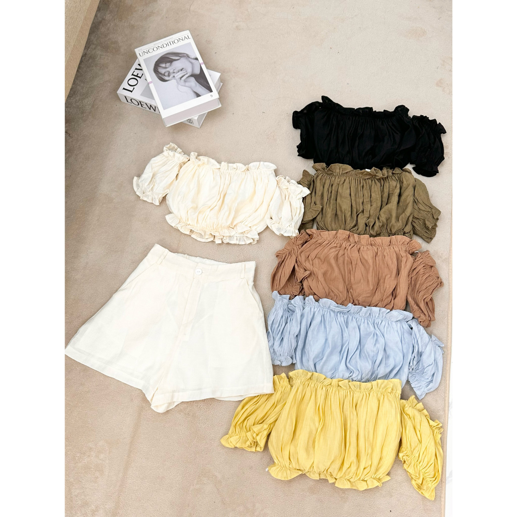 Set áo bẹt vai croptop nhún bèo tiểu thư kèm quần cạp cao cài khuy cúc - 29feb.closet - S100