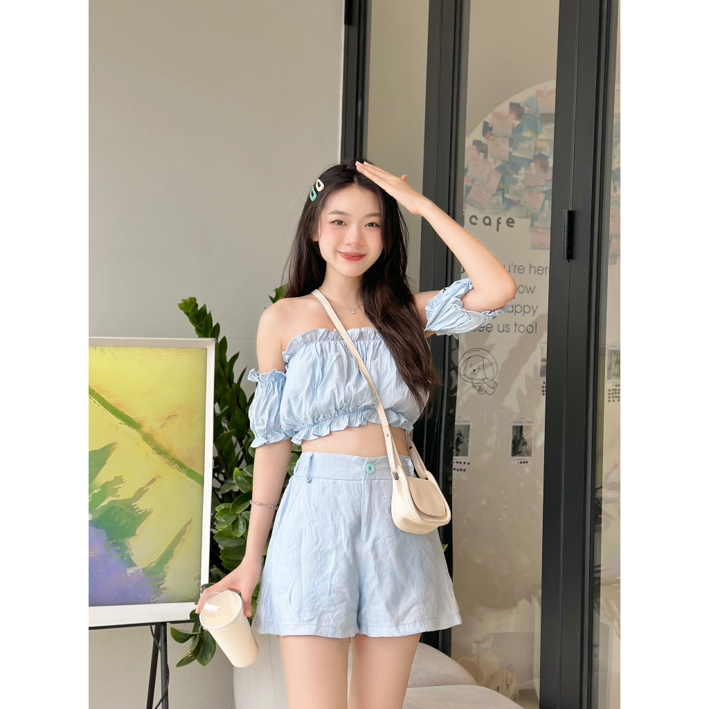 Set áo bẹt vai croptop nhún bèo tiểu thư kèm quần cạp cao cài khuy cúc - 29feb.closet - S100