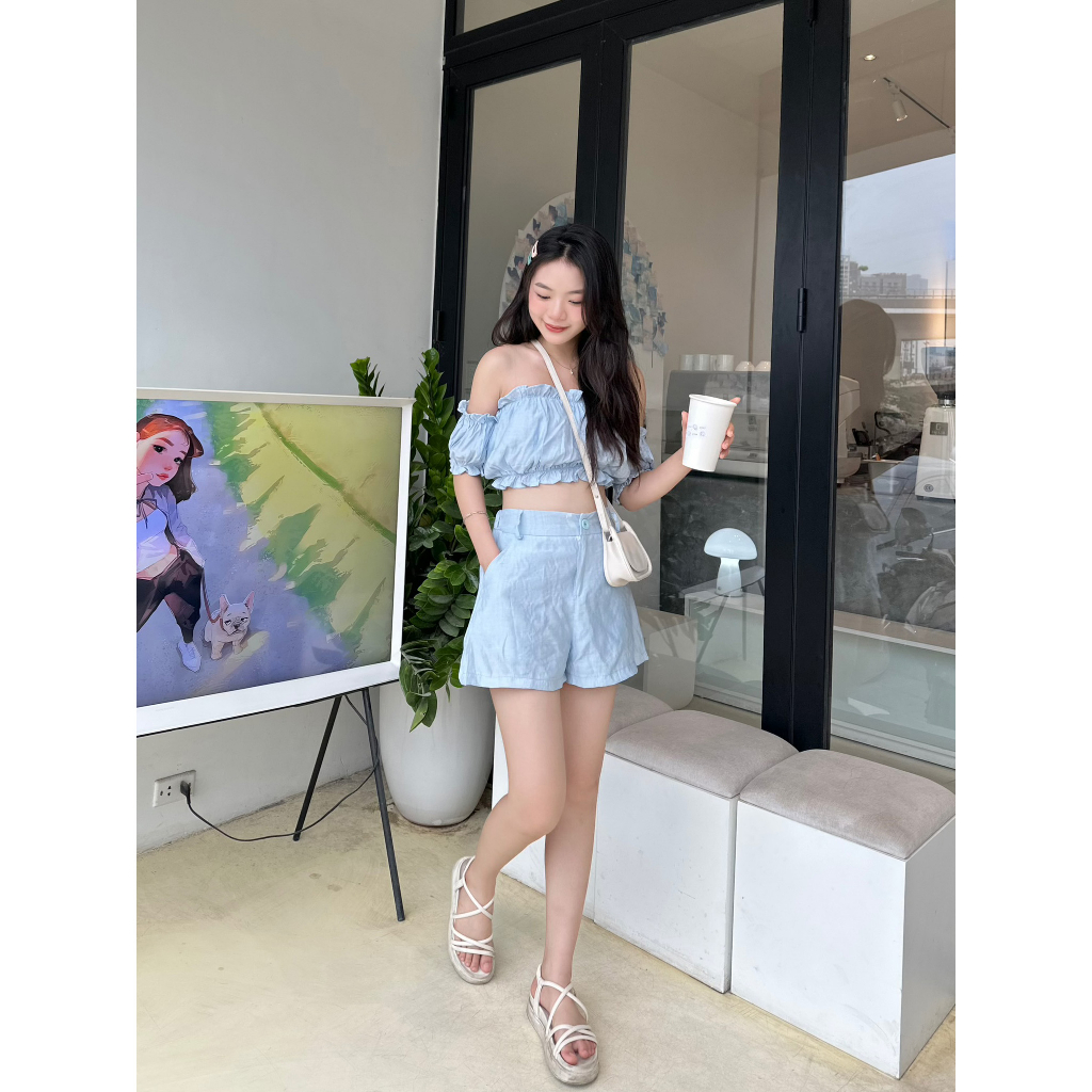 Set áo bẹt vai croptop nhún bèo tiểu thư kèm quần cạp cao cài khuy cúc - 29feb.closet - S100