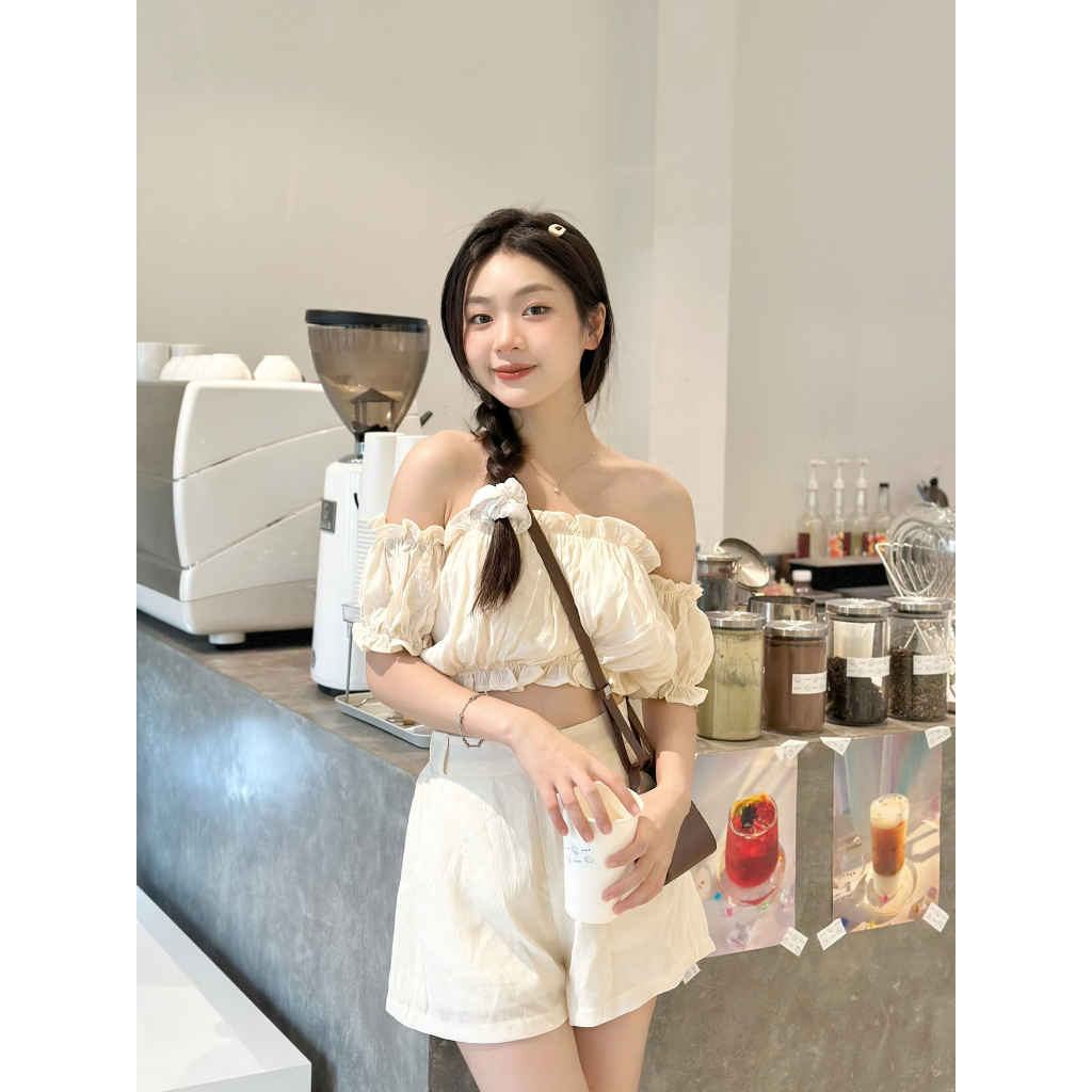 Set áo bẹt vai croptop nhún bèo tiểu thư kèm quần cạp cao cài khuy cúc - 29feb.closet - S100