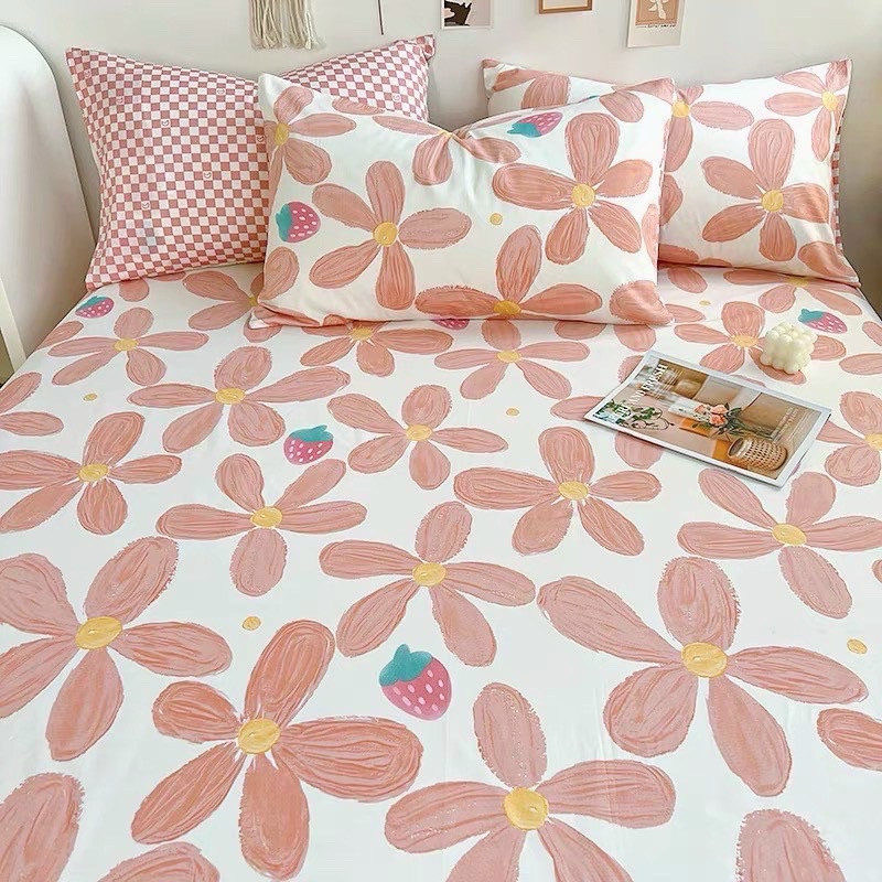 Bộ drap giường kèm 2 vỏ gối cotton 100% Mịn Decor họa tiết hoa