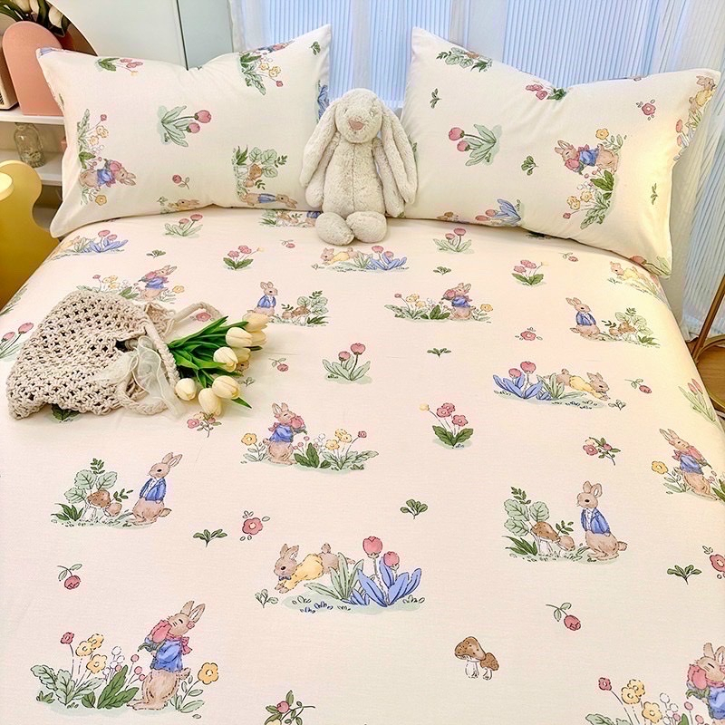 Bộ drap giường kèm 2 vỏ gối cotton 100% Mịn Decor họa tiết hoa