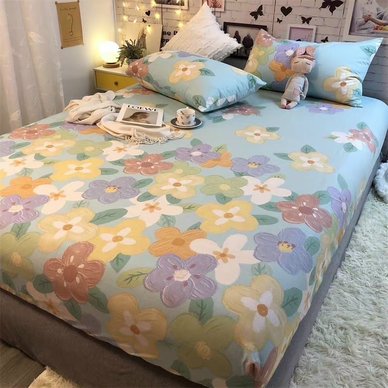 Bộ drap giường kèm 2 vỏ gối cotton 100% Mịn Decor họa tiết hoa