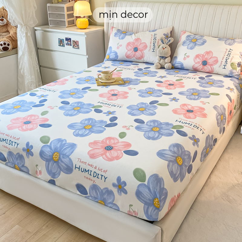 Bộ drap giường kèm 2 vỏ gối cotton 100% Mịn Decor họa tiết hoa