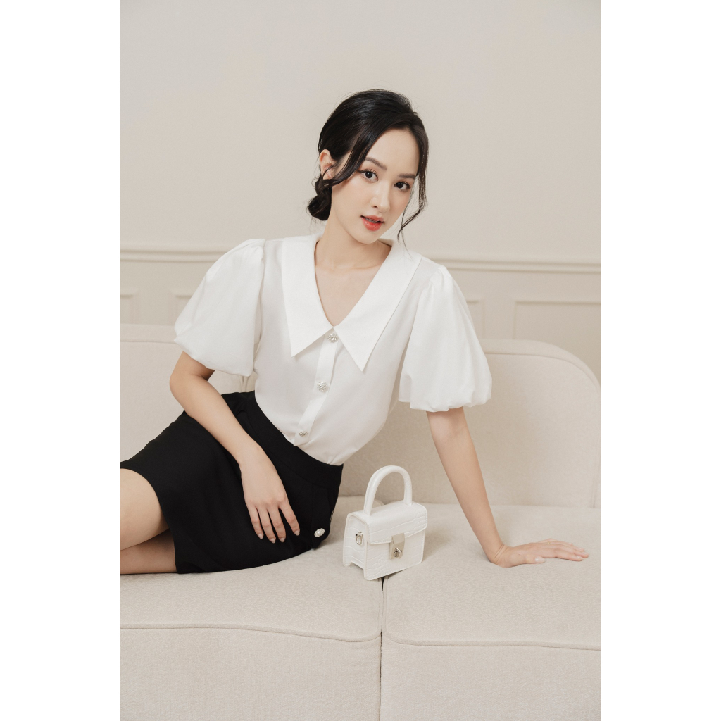 Áo sơ mi cổ sen nhọn tay bồng nẹp khuy chất thô tre Tiin Store - AHN755