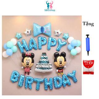 Set bong bóng trang trí sinh nhật chủ đề Chuột Mickey màu xanh tặng bơm tay và keo dán làm phụ kiện happy birthday